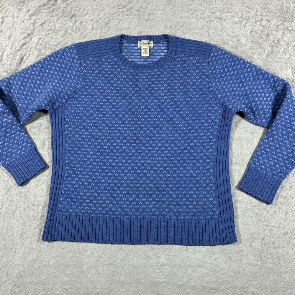LL Bean Womens Birdseye Lambswool Sweater Size XL Blue Crewneck Preppy Old Money